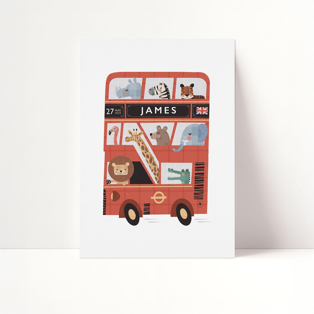 Personalised London Bus Print – Custom Kids Poster | Red Double Decker Bus Wall Art