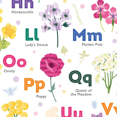 Close-up image of the personalized wildflower alphabet illustration featuring delicate illustrations of wildflowers corresponding to each letter of the alphabet.