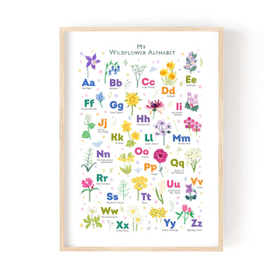 Close-up image of the personalized wildflower alphabet print in a wooden frame featuring delicate illustrations of wildflowers corresponding to each letter of the alphabet.
