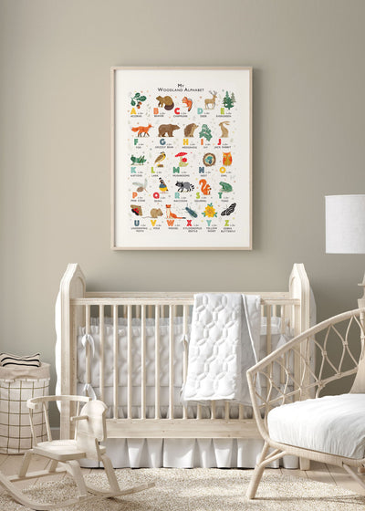 A large woodland alphabet poster in a wooden frame in a modern gender neutral nursery 