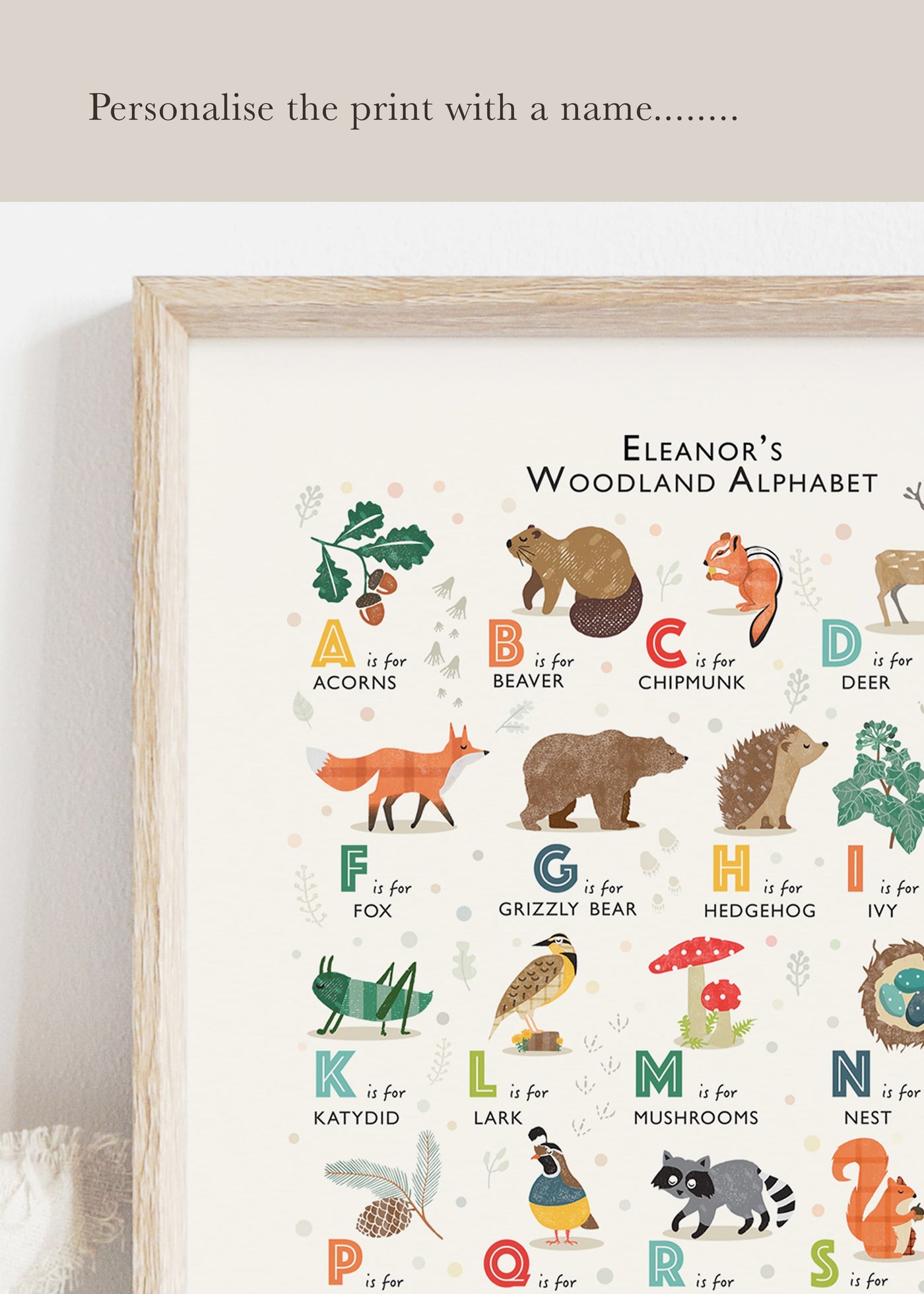 A personalised woodland alphabet poster personalised with a name to read Eleanor's Woodland Alphabet 