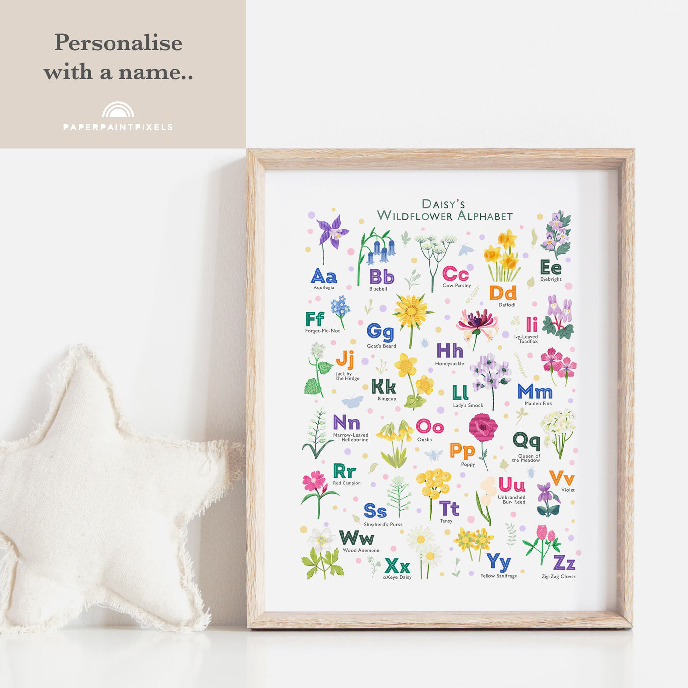 Image of a personalized wildflower alphabet print with the name "Daisy" written in the personalization box.
