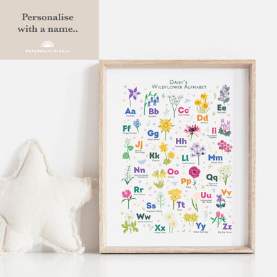 Image of a personalized wildflower alphabet print with the name "Daisy" written in the personalization box.