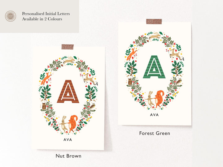 Personalised Woodland Wreath Nursery Print - PaperPaintPixels