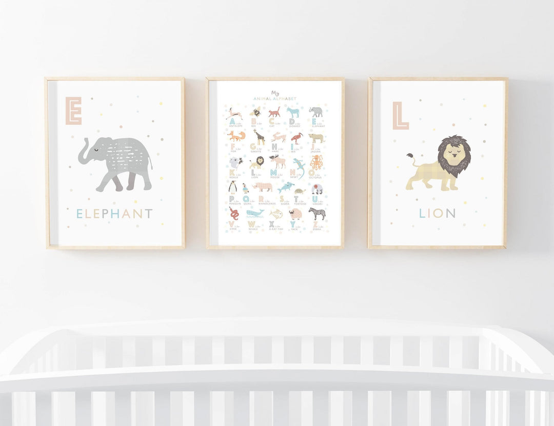 Animal Alphabet Nursery Prints, Set of 3 - PaperPaintPixels