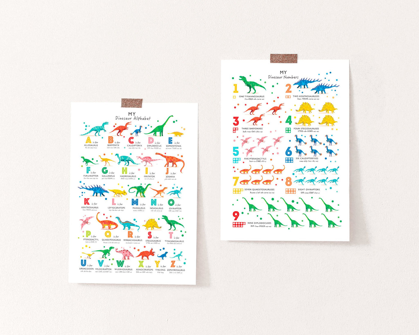 Bright Dinosaur Alphabet and Numbers Print Set of Two - PaperPaintPixels