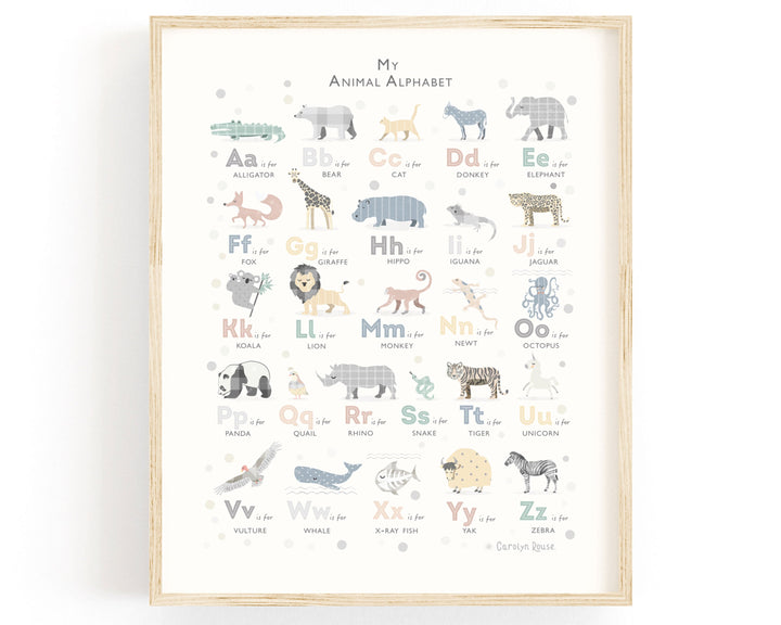 Grey Animal Alphabet Art - PaperPaintPixels