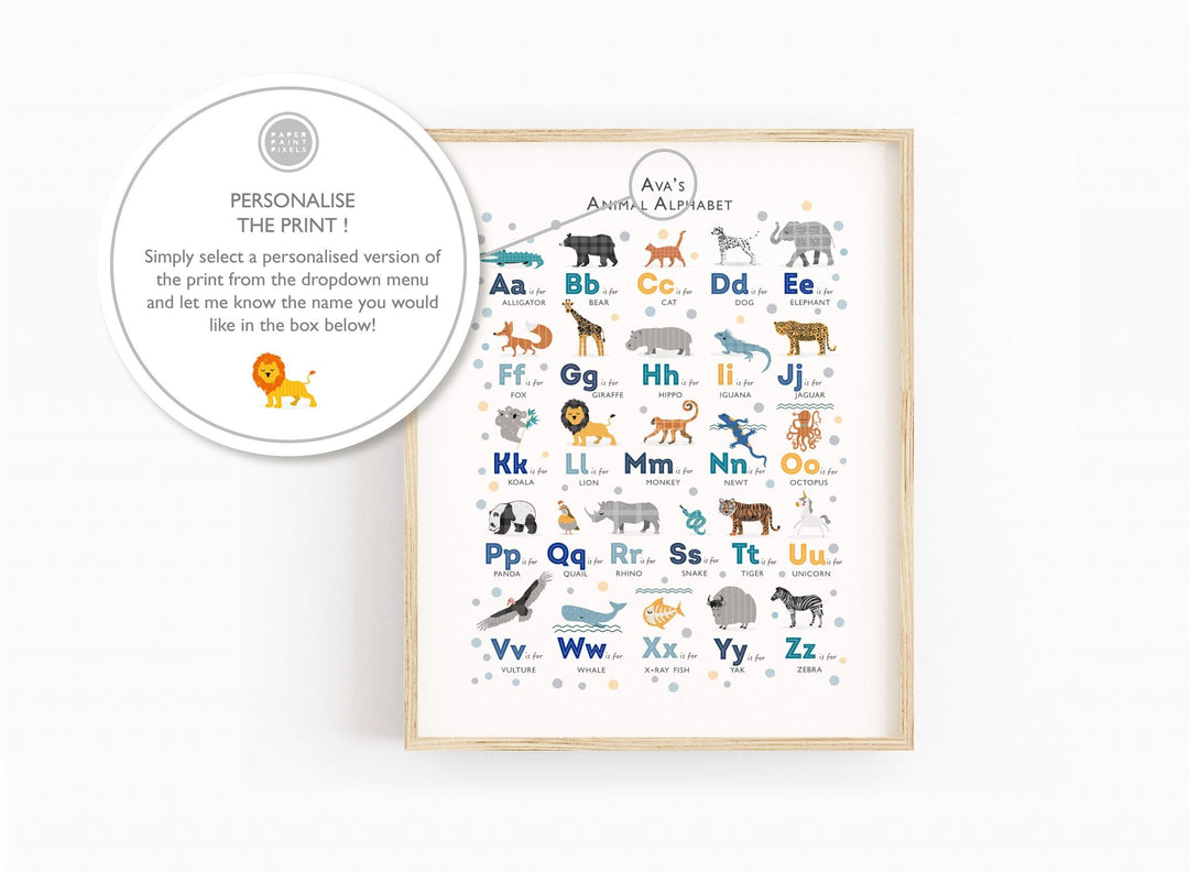Navy Safari Animals Alphabet Wall Art Set - PaperPaintPixels
