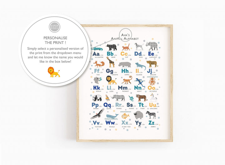 Navy Safari Animals Alphabet Wall Art Set - PaperPaintPixels