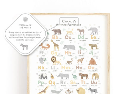 Personalized Safari Nursery Alphabet Print Example - Customize with Your Child's Name- paperpaintpixels