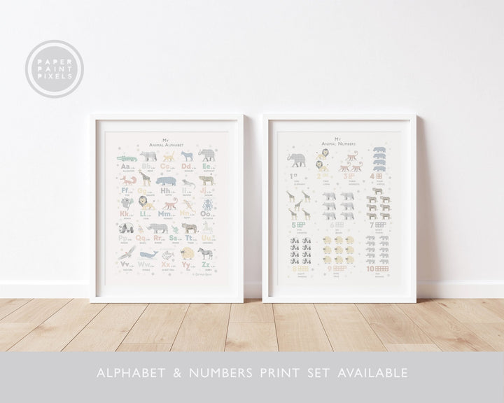 Soft Grey Safari Animal Alphabet Print - PaperPaintPixels