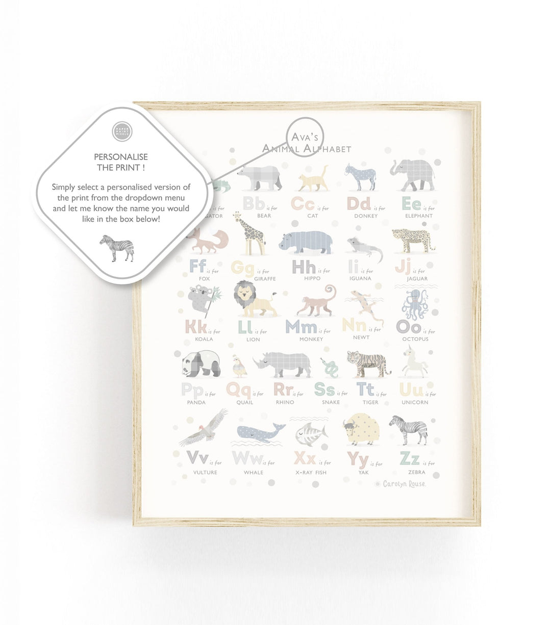 Soft Grey Safari Animal Alphabet Print - PaperPaintPixels