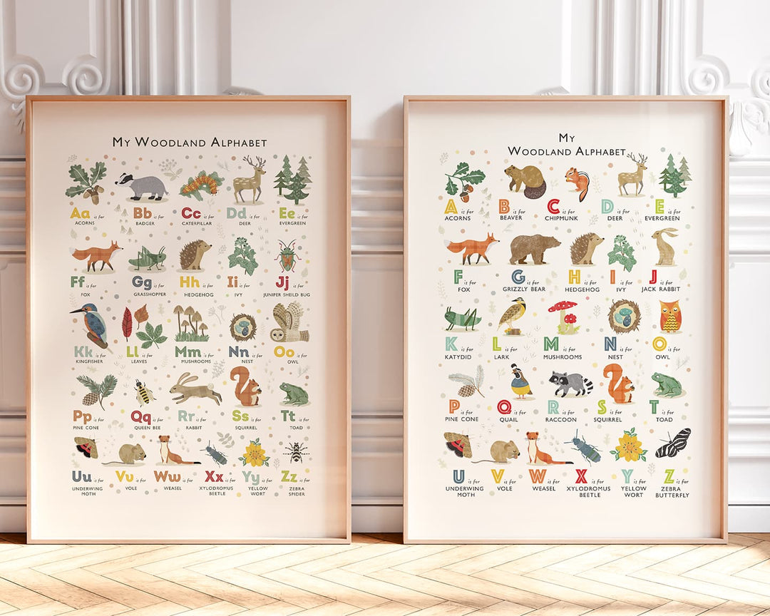Woodland Nursery Wall Art: Two Alphabet Prints, Two Different Forests