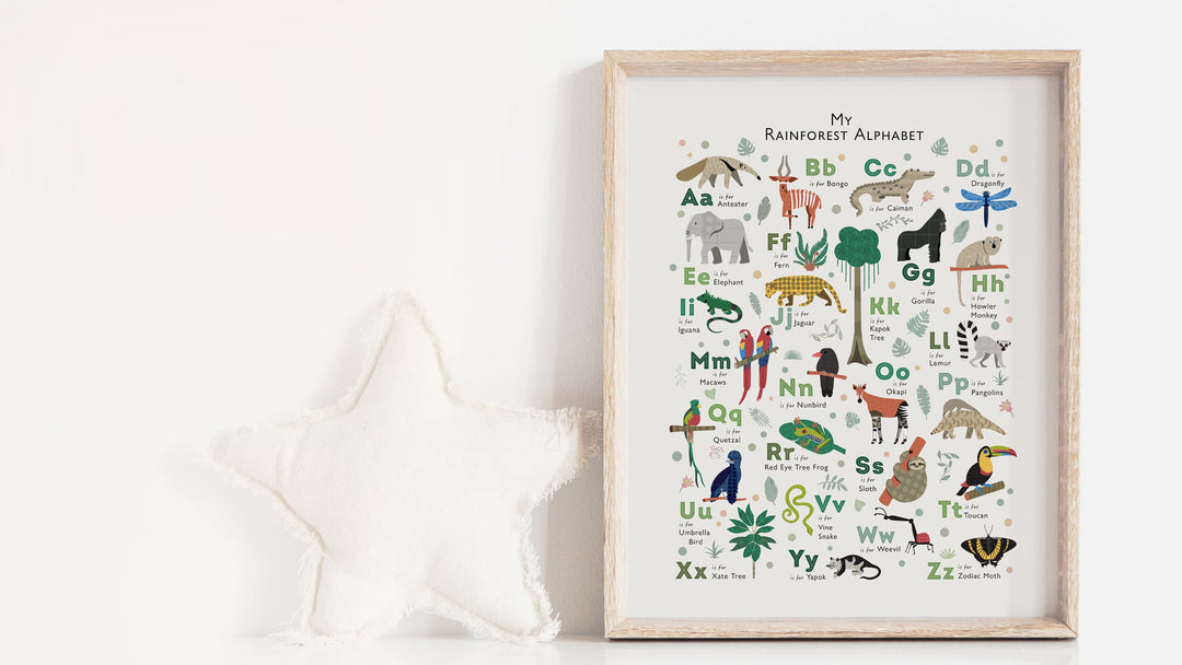 Jungle-themed nursery prints featuring rainforest animals and plants.