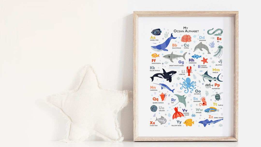 Ocean nursery wall art with sea animals and nautical alphabet in sea inspired blues and reds.