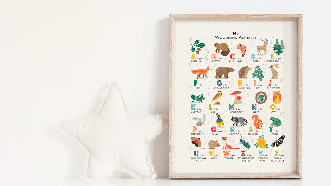 Framed woodland nursery prints with illustrated animals in soft natural tones.