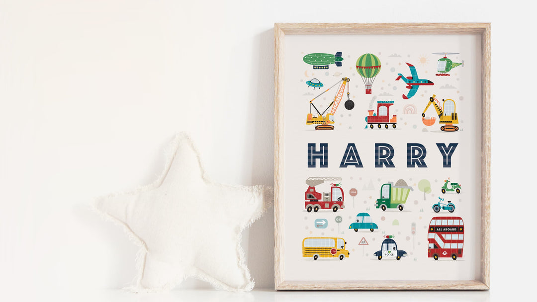 Colorful transport-themed nursery prints featuring various vehicles.