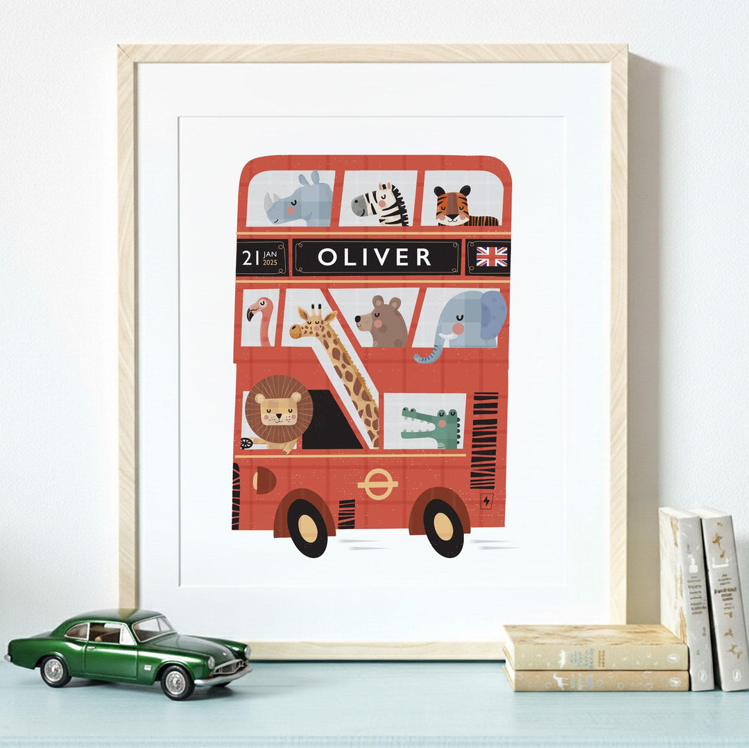 Personalised London Bus Print – Custom Kids Poster | Red Double Decker Bus Wall Art