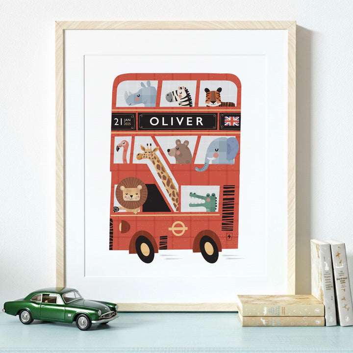 Personalised London Bus Print – Custom Kids Poster | Red Double Decker Bus Wall Art