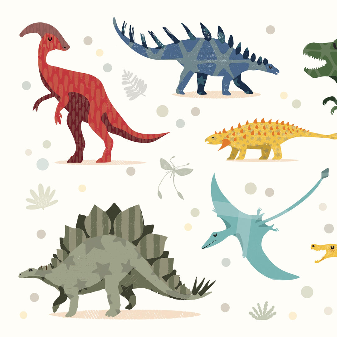 Illustrated dinosaurs including Stegosaurus, Pteranodon, and Triceratops from the alphabet print — colourful kids room art.