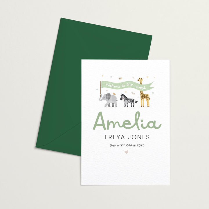 Personalised Safari New Baby Girl Card | Welcome Custom Name Safari Card