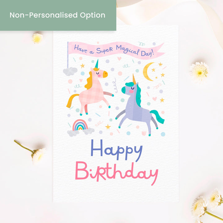 Personalised Unicorn Birthday Card for Girls | Custom Name Rainbow Pastel Print