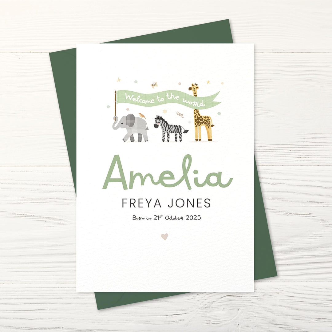 Personalised Safari New Baby Girl Card | Welcome Custom Name Safari Card