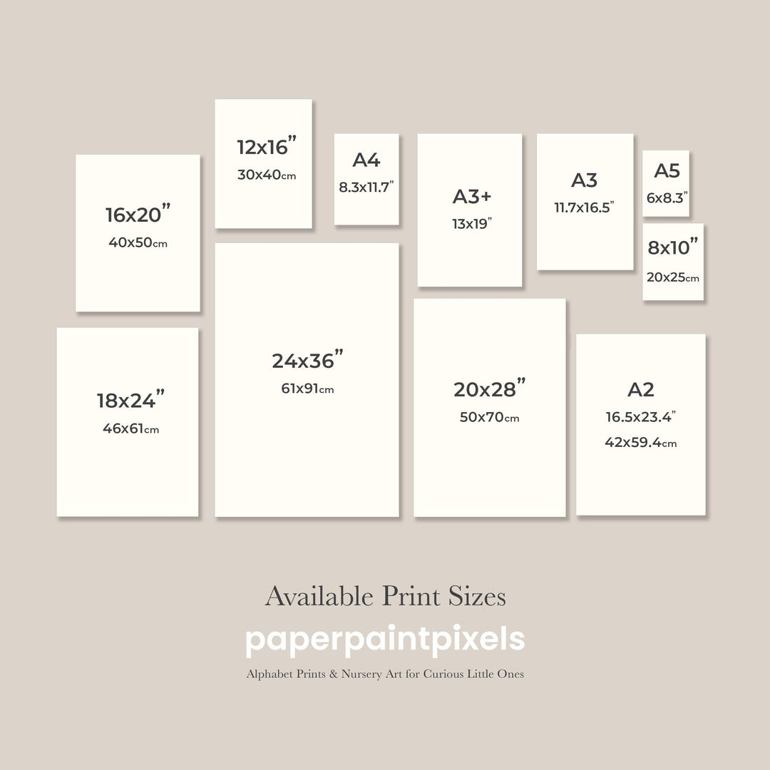 Size comparison chart for dinosaur alphabet prints — available in multiple print sizes from A5 to A2 and 8x10 to 24x36 inches