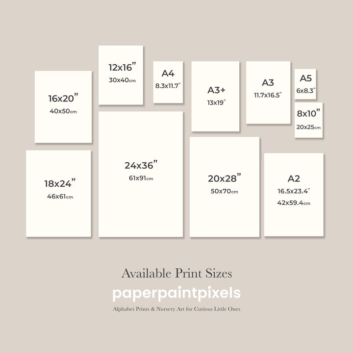 Size comparison chart for dinosaur alphabet prints — available in multiple print sizes from A5 to A2 and 8x10 to 24x36 inches