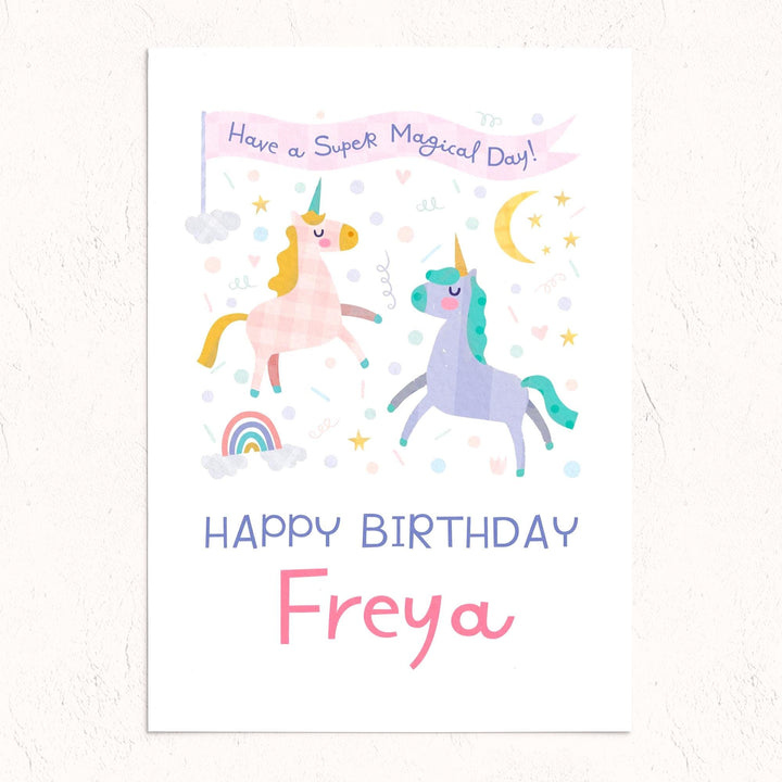 Personalised Unicorn Birthday Card for Girls | Custom Name Rainbow Pastel Print
