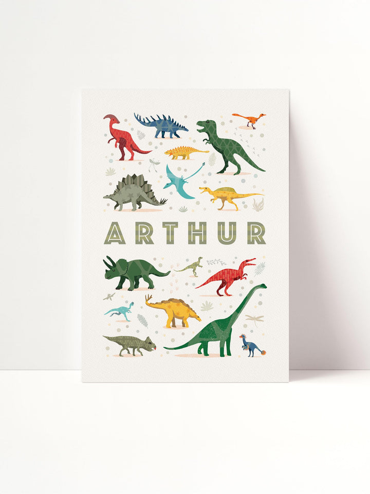 Personalised dinosaur name print  flat lay —featuring a variety of popular illustrated dinosaurs and name poster for children’s bedroom or learning corner.