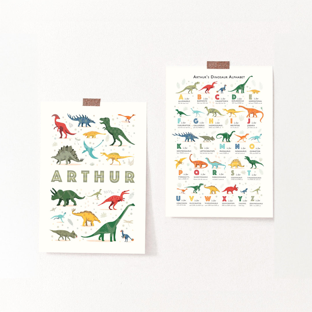Personalised dinosaur print with child’s name beside full dinosaur alphabet print — perfect matching set for playroom or nursery.