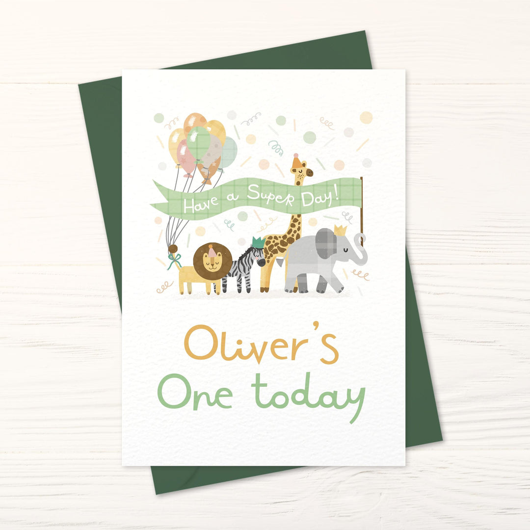 Personalised 1st Birthday Card for Baby | Custom Name Jungle Safari Animals