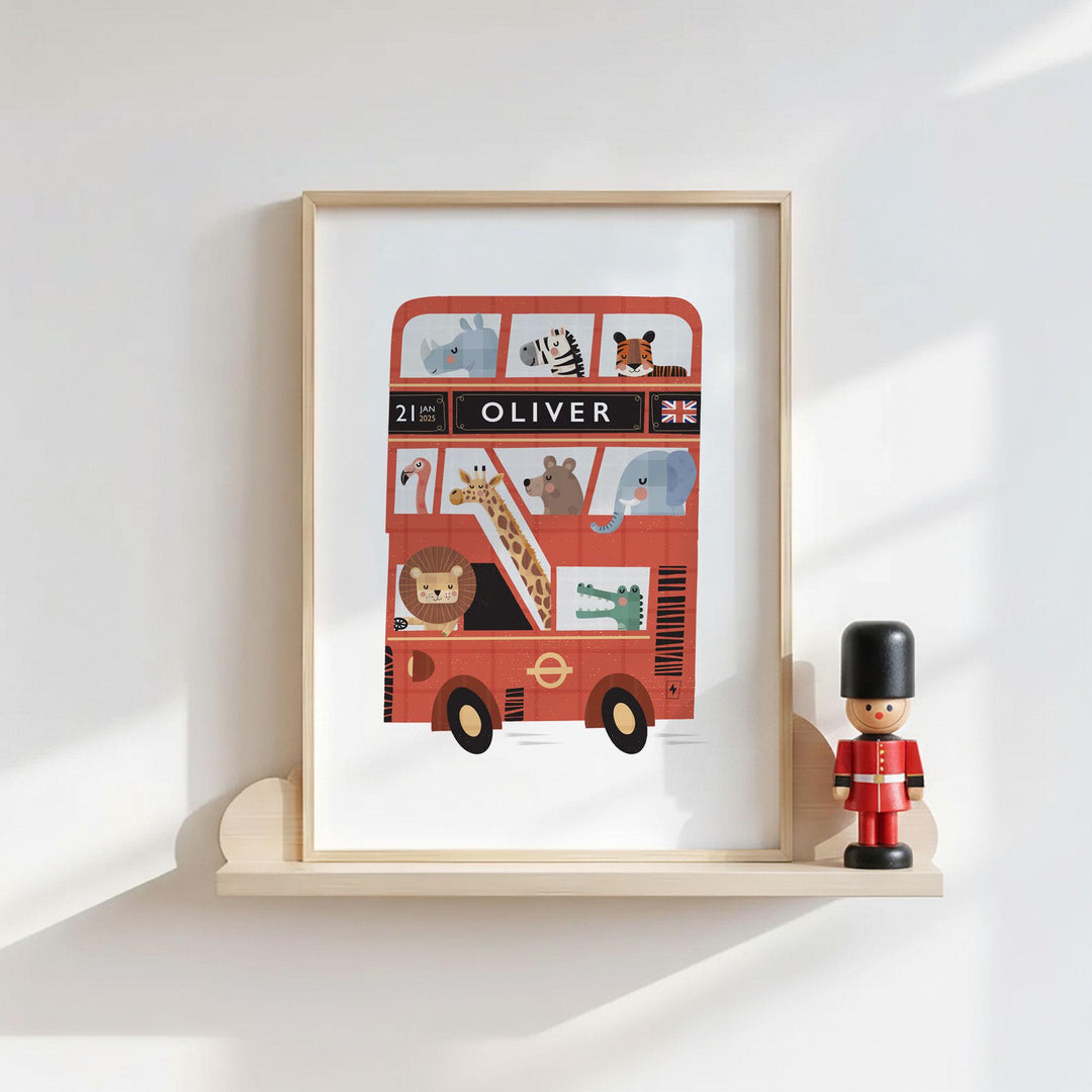 Personalised London Bus Print – Custom Kids Poster | Red Double Decker Bus Wall Art