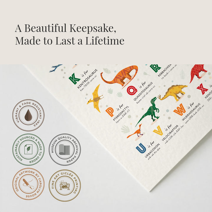 “Close-up of fine art giclée print on textured cotton paper showing dinosaur illustrations — sustainable high-quality nursery artwork.”
