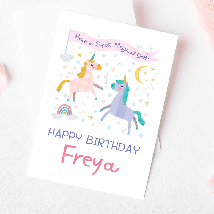 Personalised Unicorn Birthday Card for Girls | Custom Name Rainbow Pastel Print