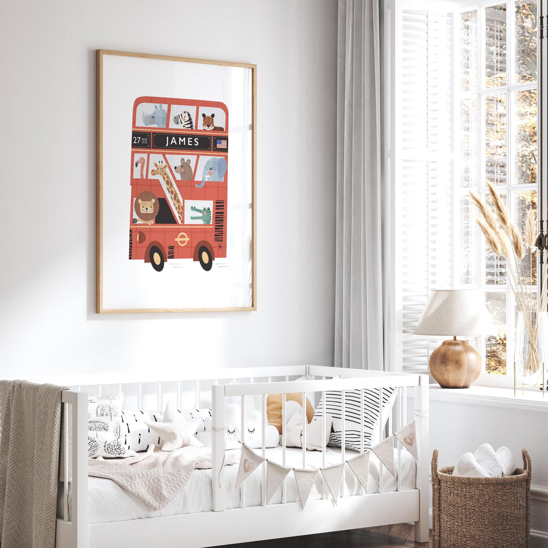 Personalised London Bus Print – Custom Kids Poster | Red Double Decker Bus Wall Art