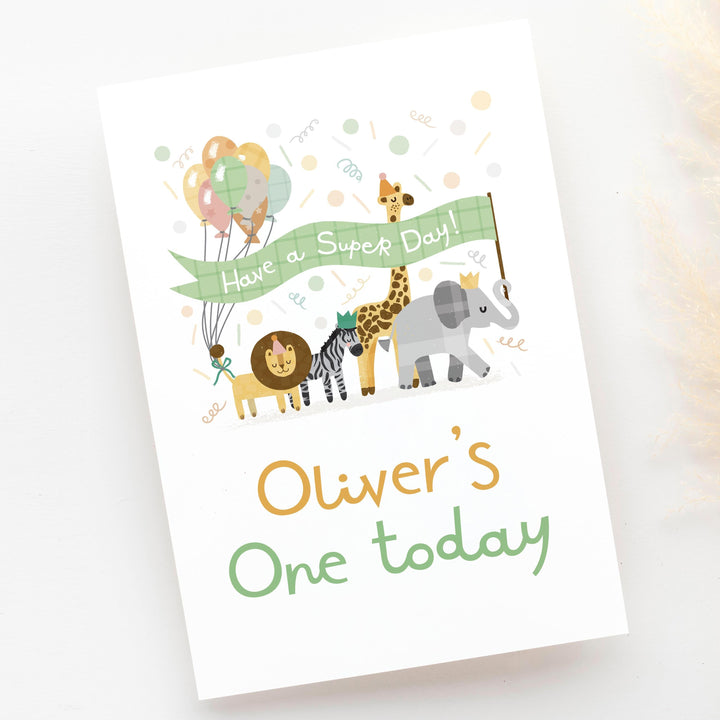 Personalised 1st Birthday Card for Baby | Custom Name Jungle Safari Animals