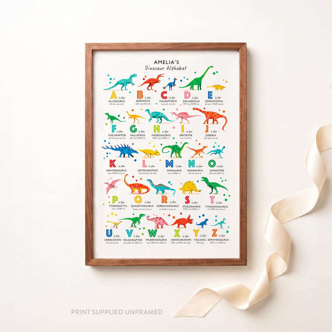 A framed personalized dinosaur alphabet poster for &
