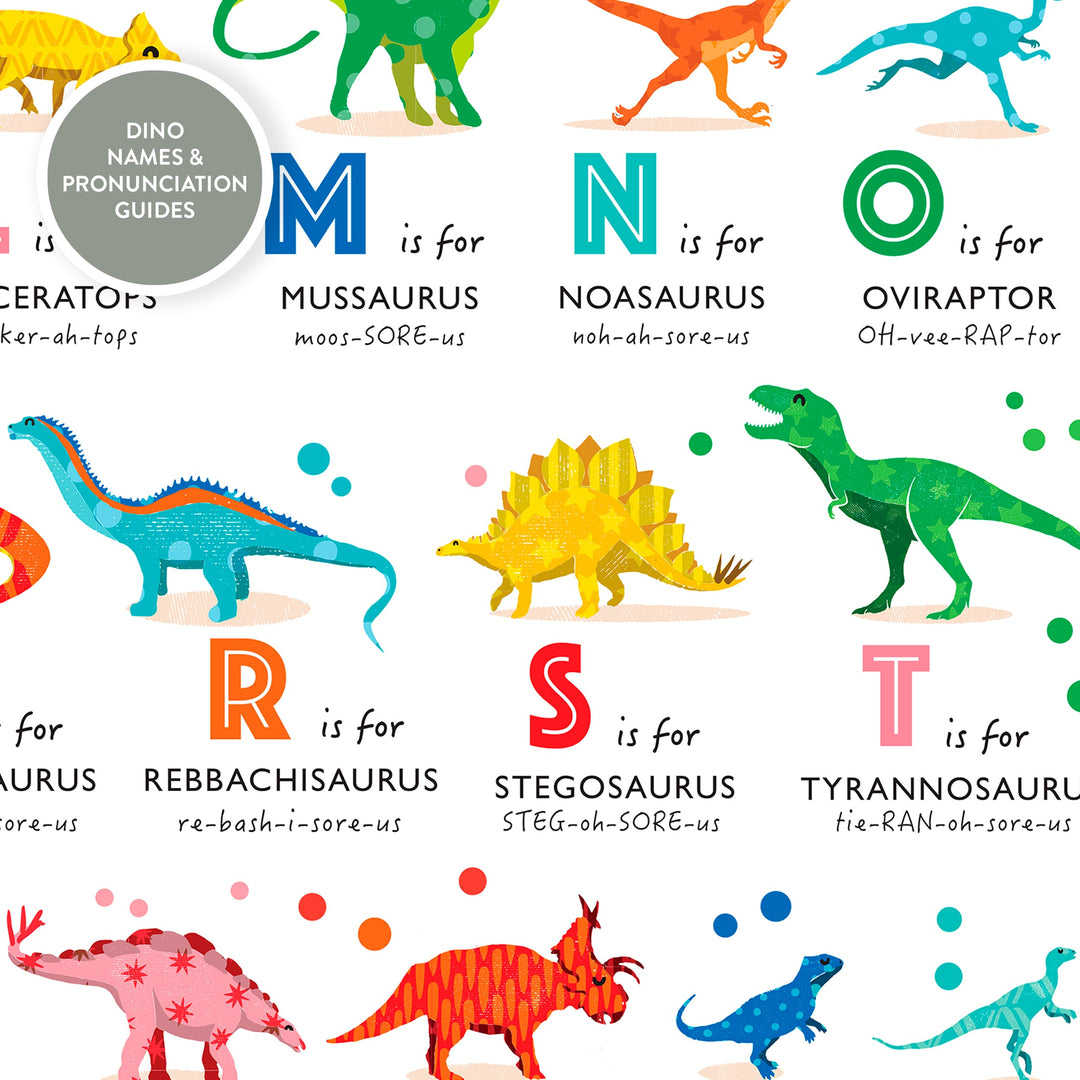 A colorful educational poster showing dinosaur illustrations paired with letters and pronunciation guides. The layout includes a gray circular label reading &