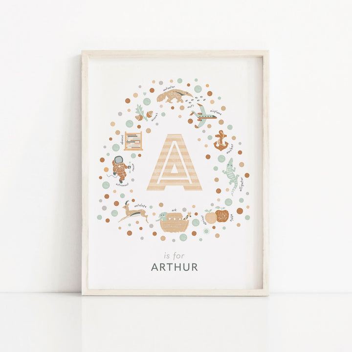 Initial Letter A wall art print in white frame agains white wall
