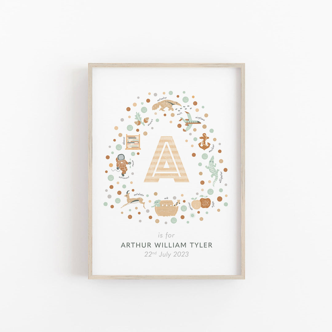 Initial letter print for nursery in wooden frame on white wall