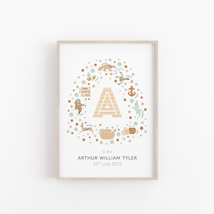 Initial letter print for nursery in wooden frame on white wall