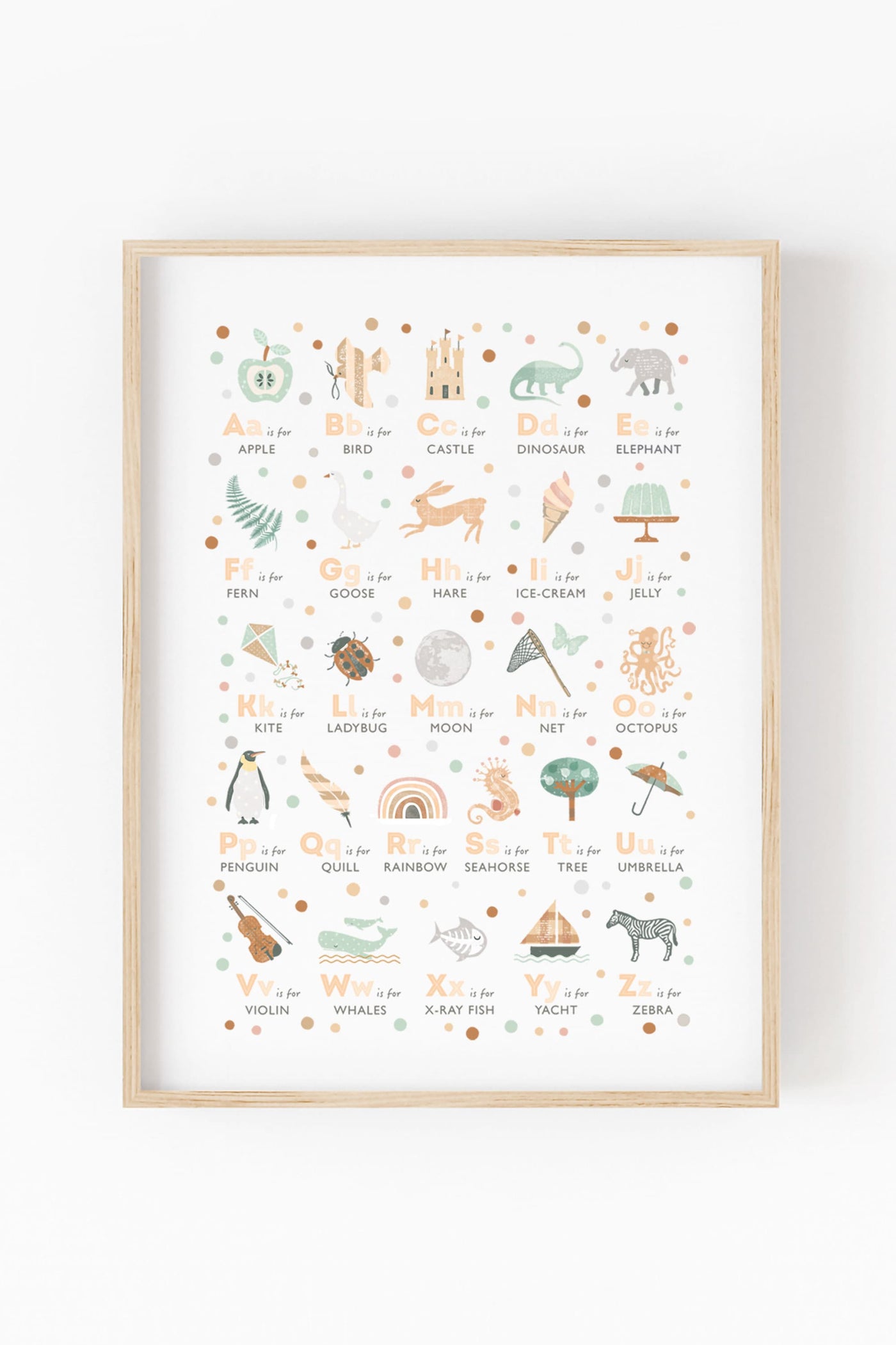 illustrated alphabet print in neutral colours in pine frame on white wall. 