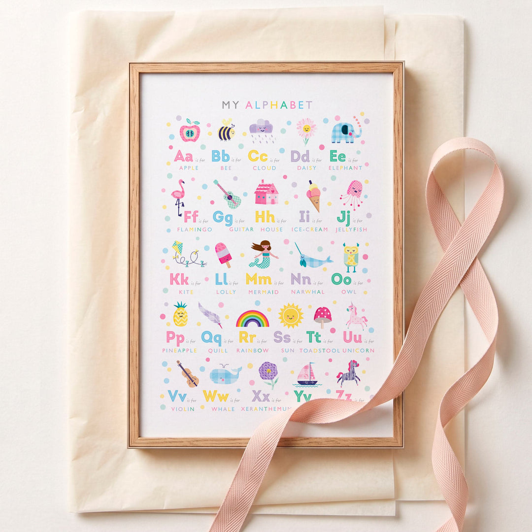 Girls Alphabet Print, Personalised Pastel Rainbow Nursery Wall Art