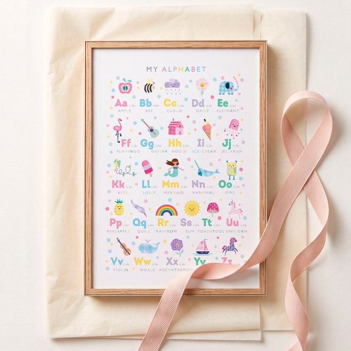 Girls Alphabet Print, Personalised Pastel Rainbow Nursery Wall Art