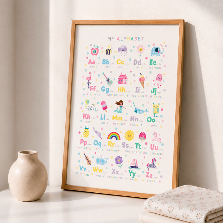 Girls Alphabet Print, Personalised Pastel Rainbow Nursery Wall Art