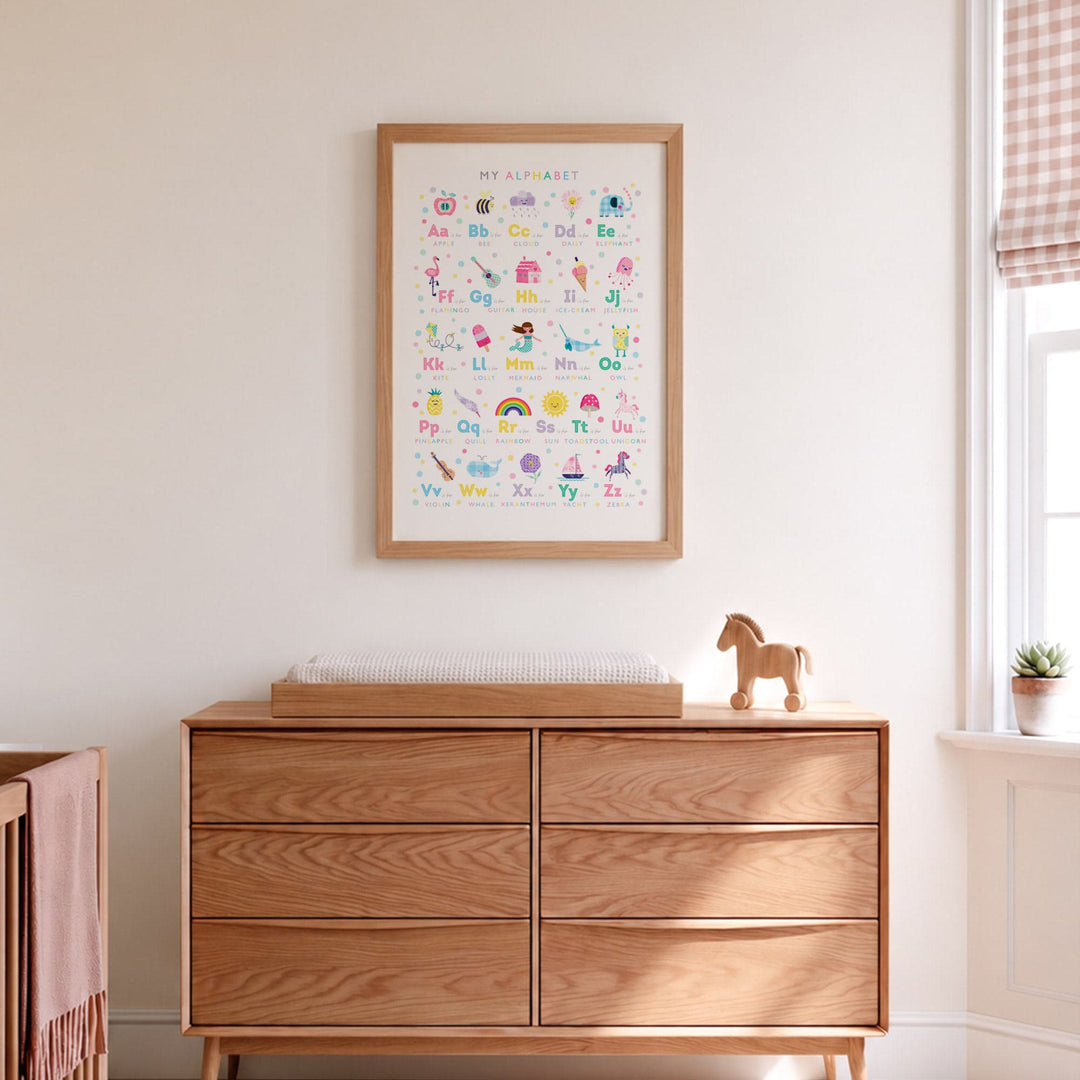 Girls Alphabet Print, Personalised Pastel Rainbow Nursery Wall Art