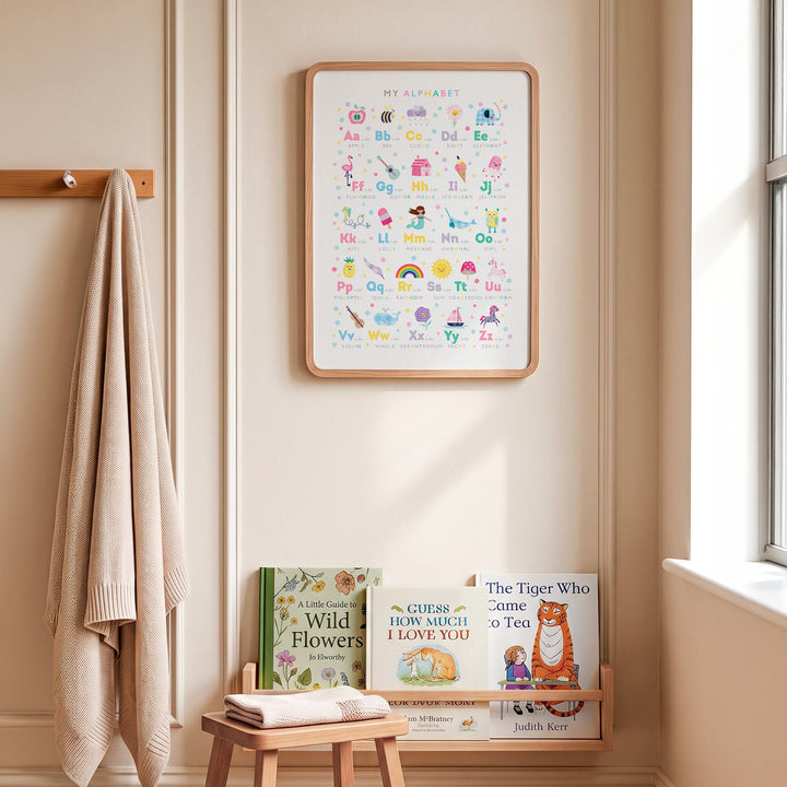 Girls Alphabet Print, Personalised Pastel Rainbow Nursery Wall Art
