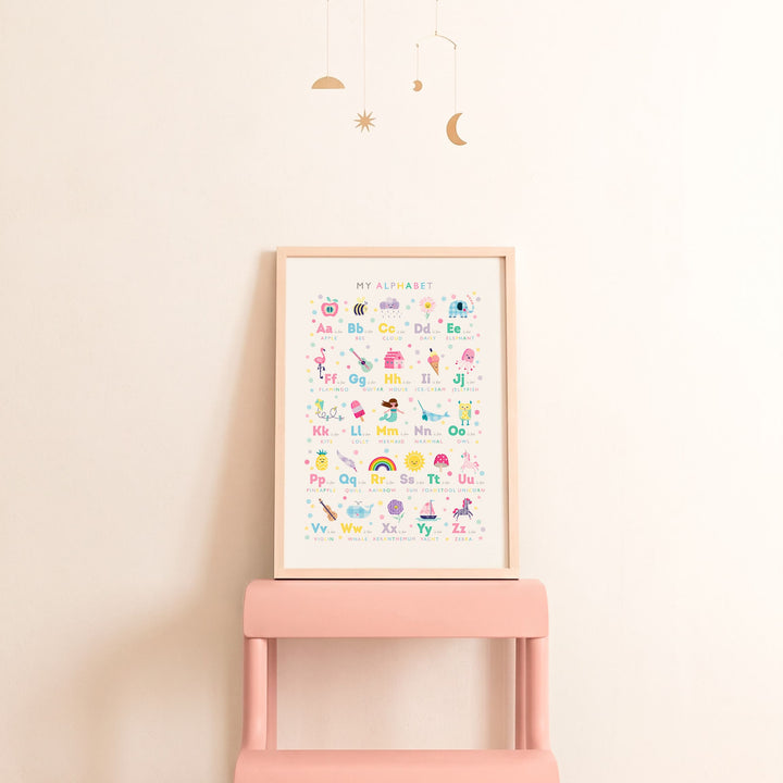 Girls Alphabet Print, Personalised Pastel Rainbow Nursery Wall Art